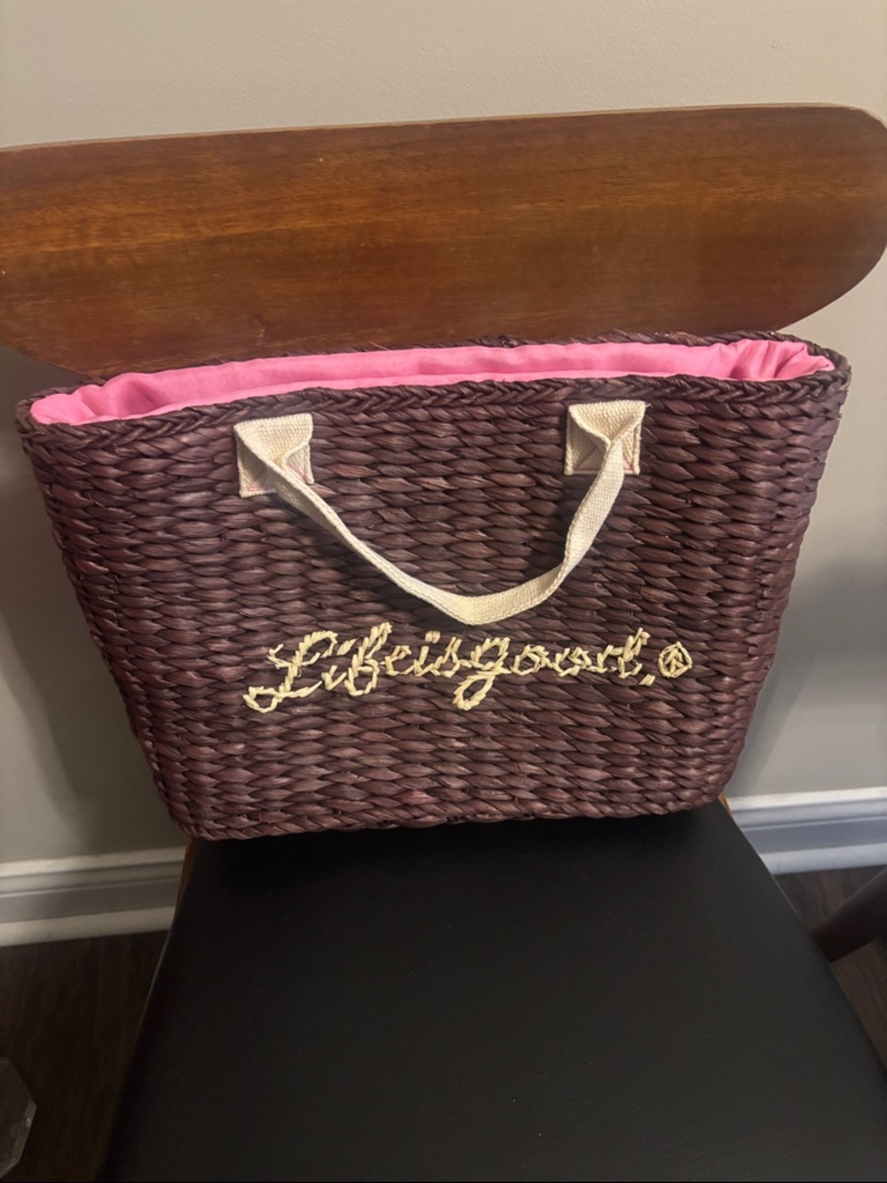 Life is Good Straw Tote Bag in Brown with Pink Lining